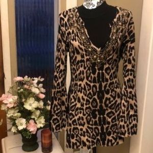INC International Concept Cheetah Print Tunic Sweater, Embellished V-Neck line